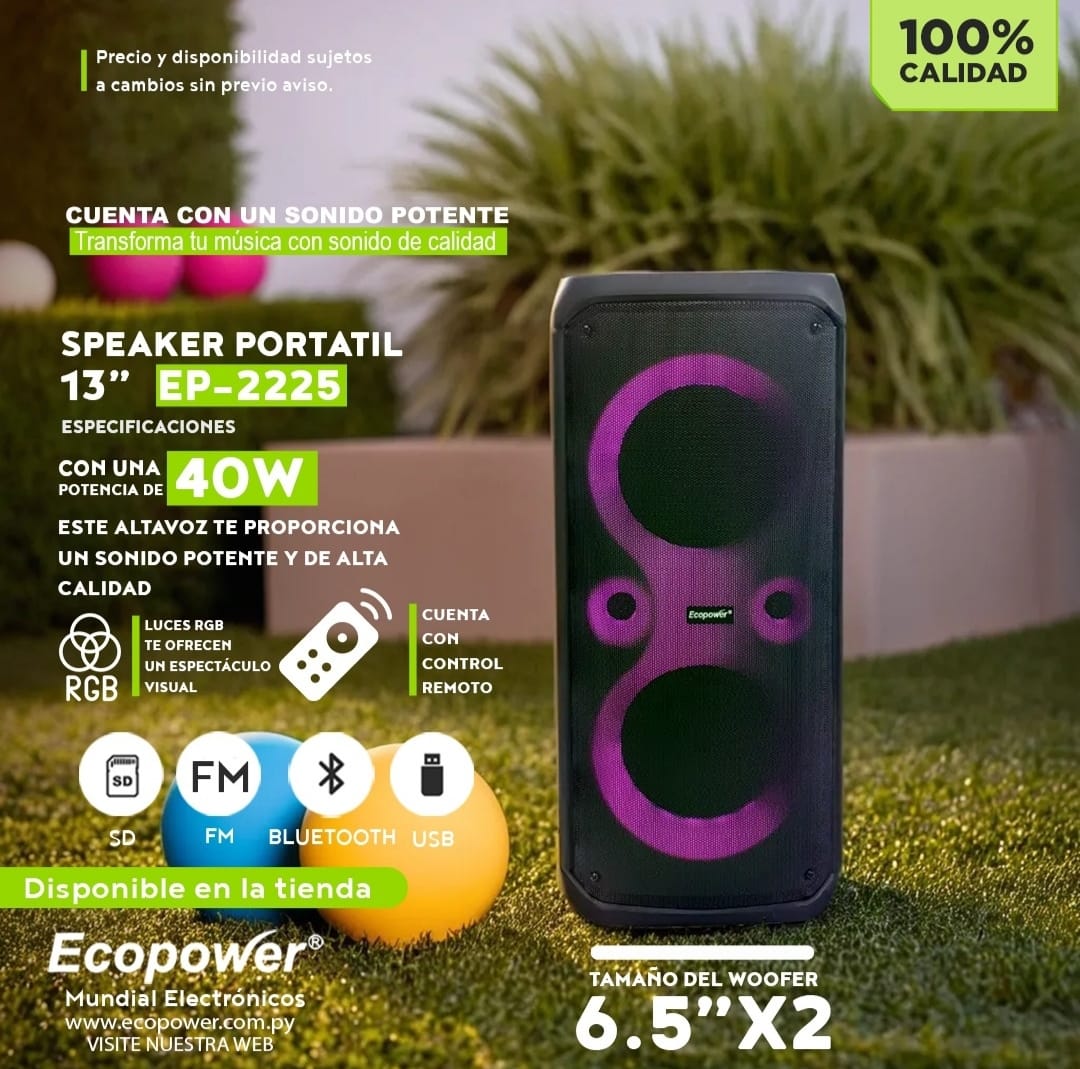 Parlante Ecopower EP-2225 - Dos parlantes 6,5" - Funci&oacute;n karaoke & BT - Con control